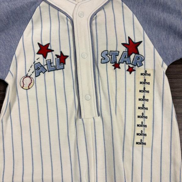 Vintage Little Me Sleeper Romper Boy Size 9M White Blue All Star Baseball Footed - Picture 2 of 4